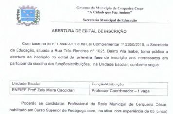 Abertura de Edital para Professor Coordenador
