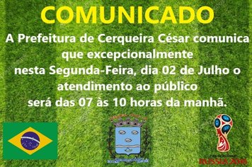 Atendimento ao público será das 7 às 10 horas no dia 02 de Julho 