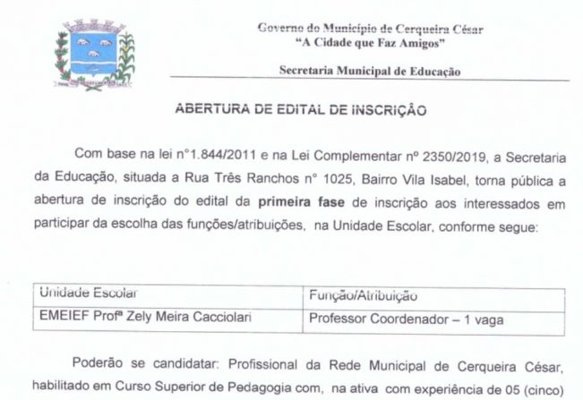 Abertura de Edital para Professor Coordenador